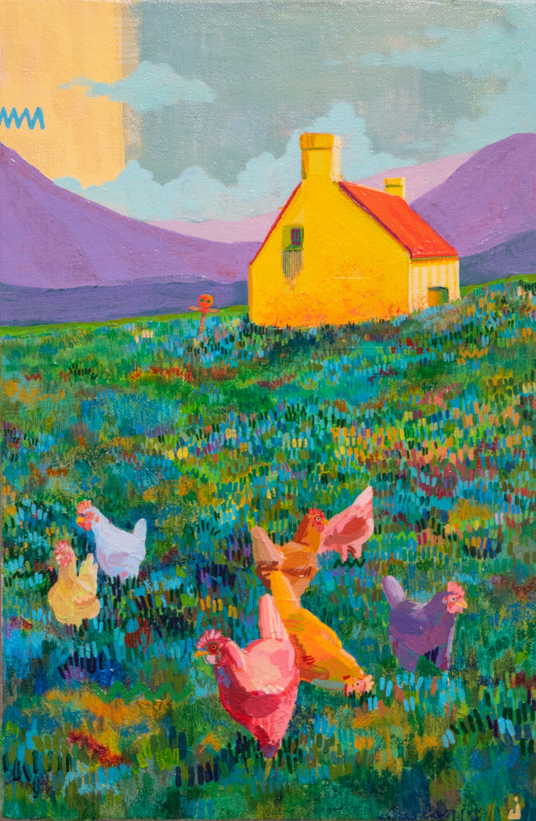 Hens pecking near a house in with a hilly landscape