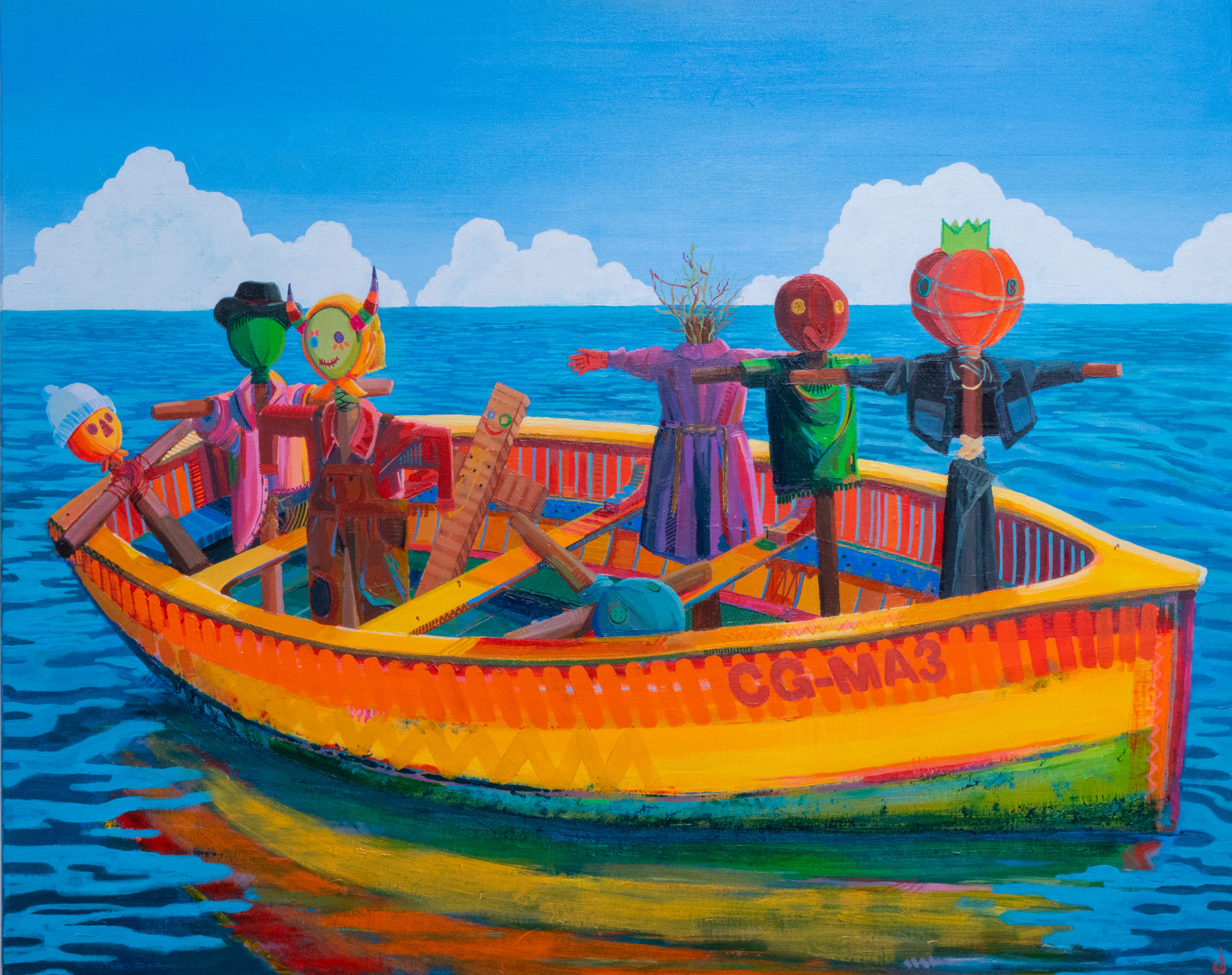 A colourful painting of a boat using bird scarecrows instead of people
